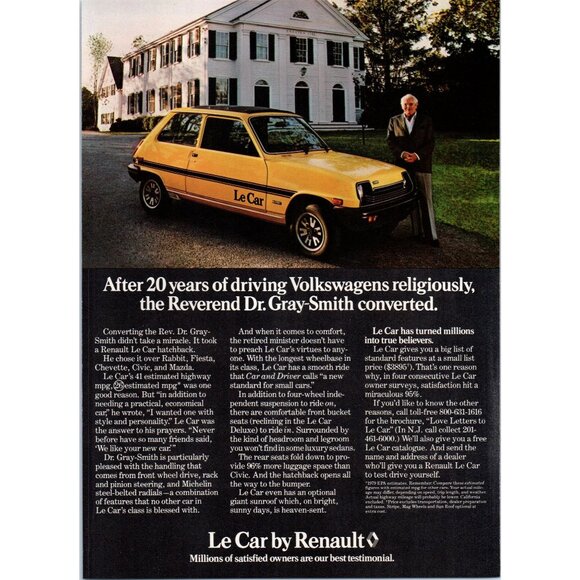 1979 Renault Le Car Hatchback Vintage Print Ad White Church Building Wall Art - Picture 1 of 2